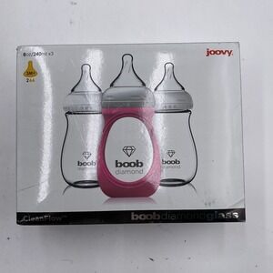 3 NEW Joovy CleanFlow Boob Diamond Glass Baby Bottles 8oz With Pink Sleeve 2179